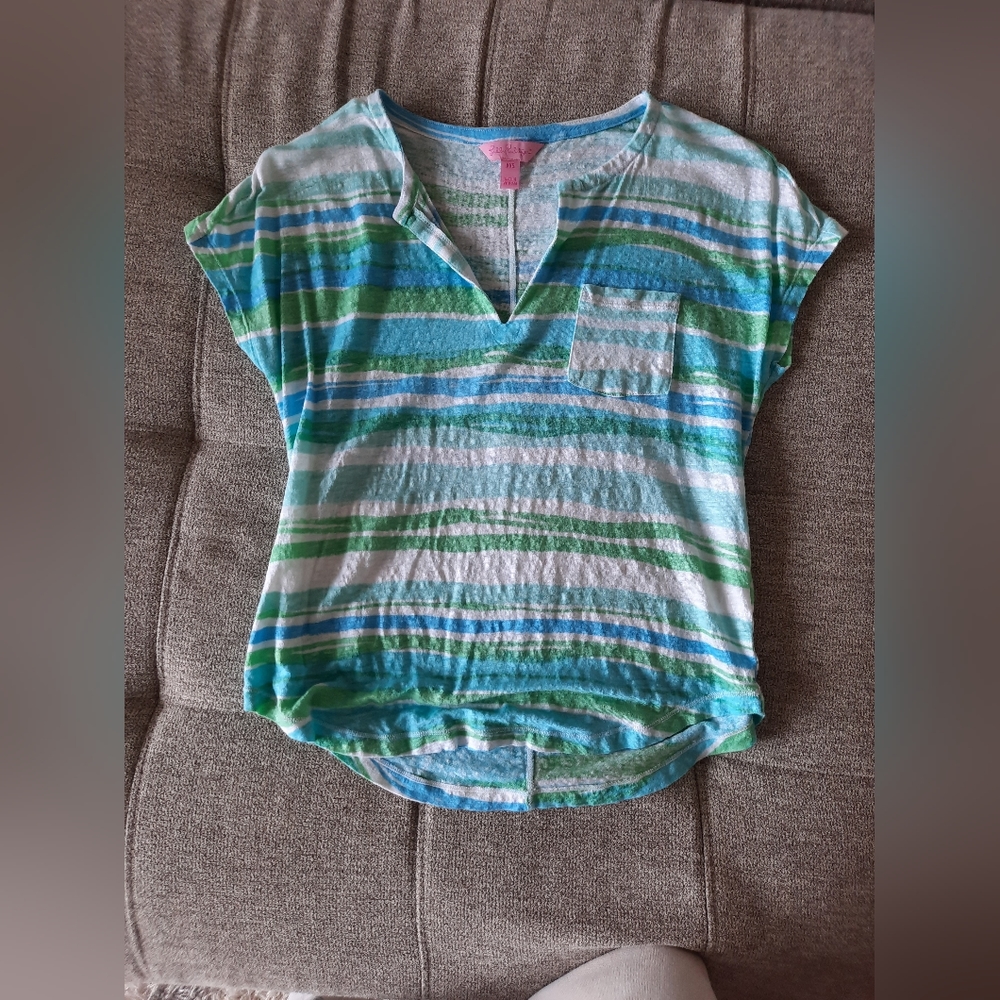 Lilly Pulitzer XXS Linen V-Neck Short Sleeve shirt EUC